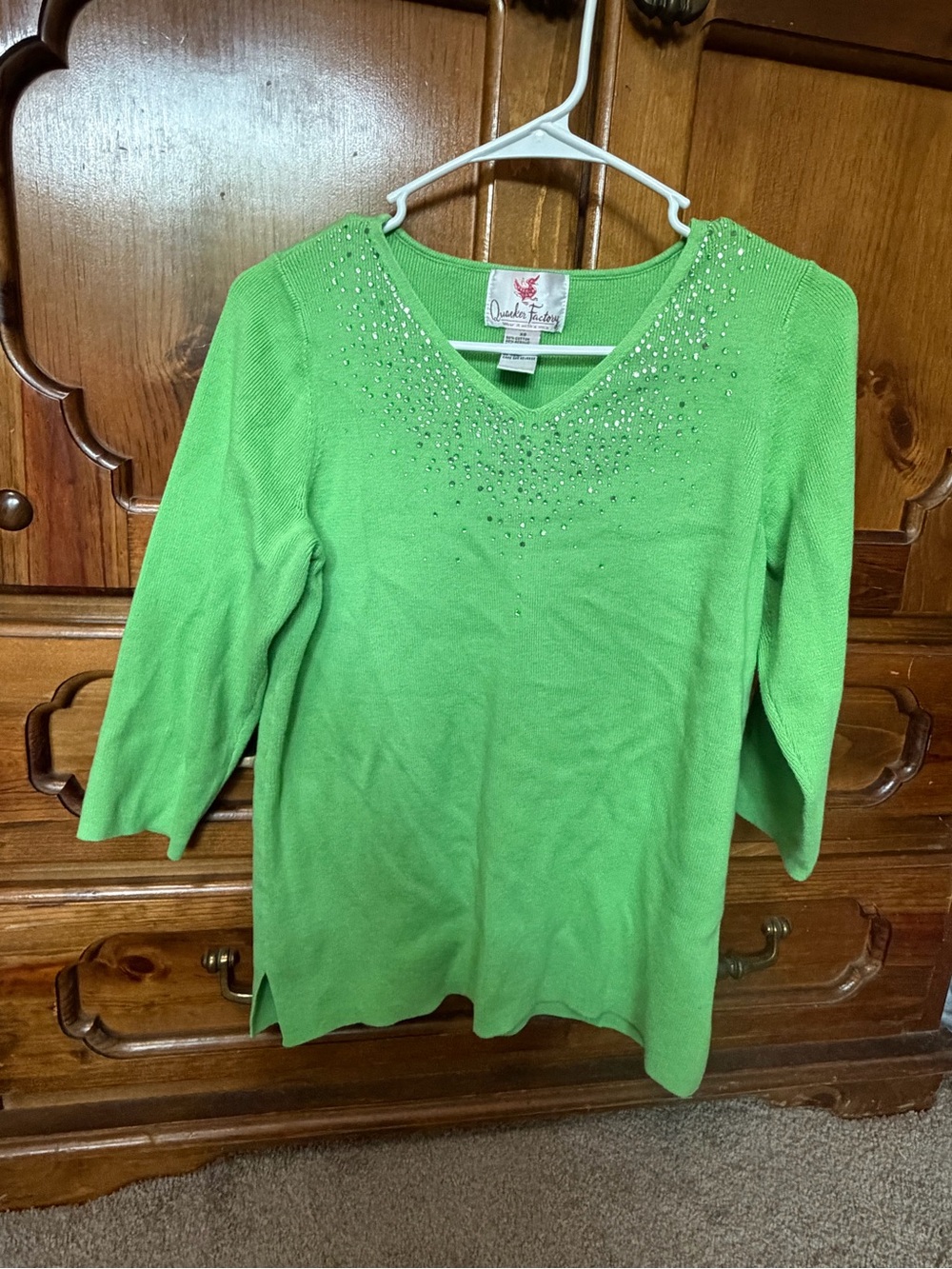 Quacker Factory Lime Green V-Neck Sweater with Rhinestone Accent